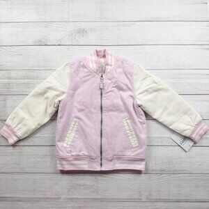 London Fog Girls Varsity Jacket Pink Sherpa Lined Bomber Zip Up NWT 5-6
